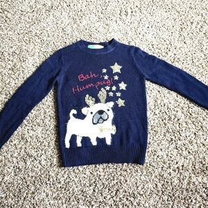 Girls Medium Christmas Sweater with Pug and Stars - Navy Blue